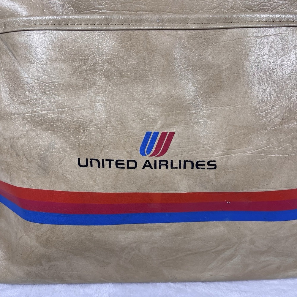 Vintage 70s United Airlines Faux Leather Carry On Bag Tan Tulip Logo Exclusive - Picture 6 of 11